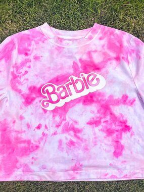Adult Small Barbie Boxy Elbow Sleeve Pink Random Tie-Dye Crop Top